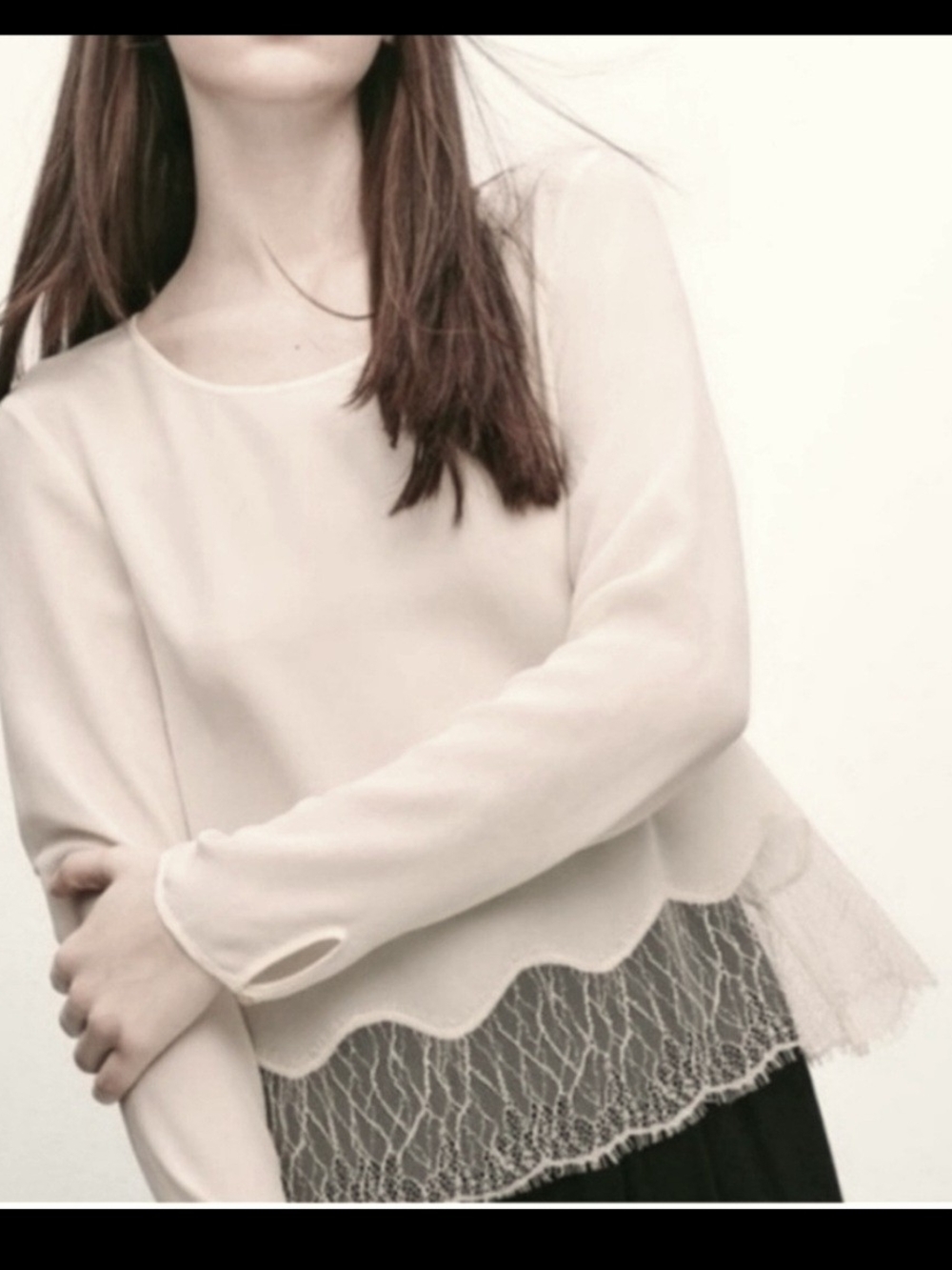 Wilfred Silk Cream Lace-Trim Long Sleeve Blouse